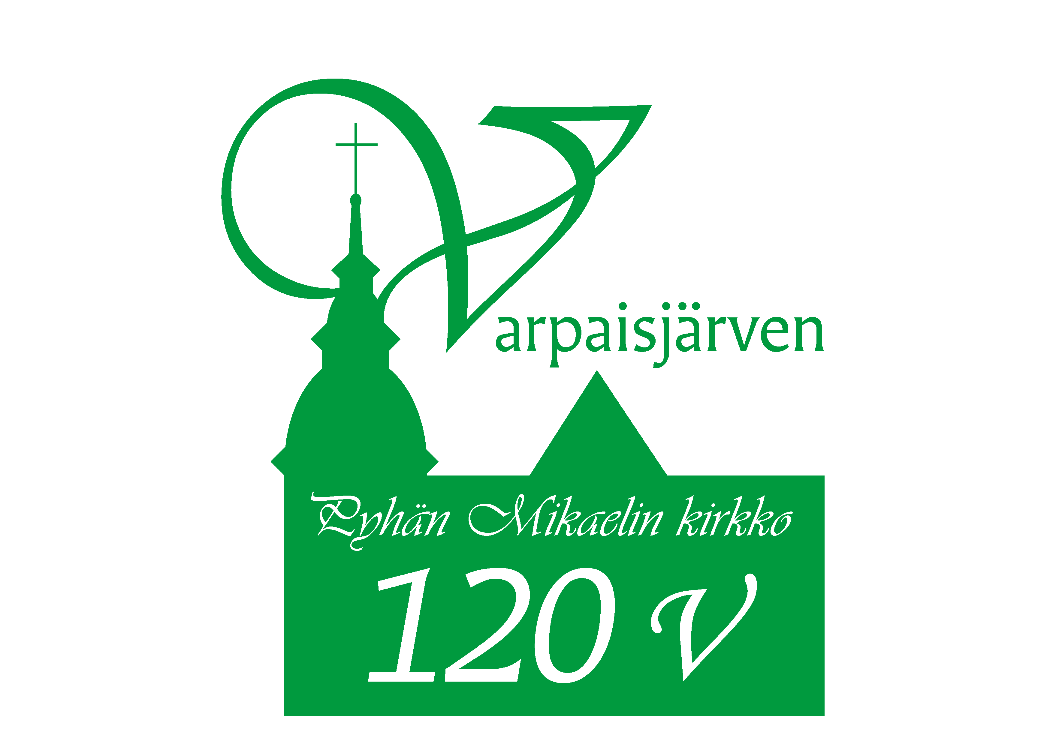 Juhlavuoden logossa kirkko ja kirkon nimi sekä 120 vuotta.
